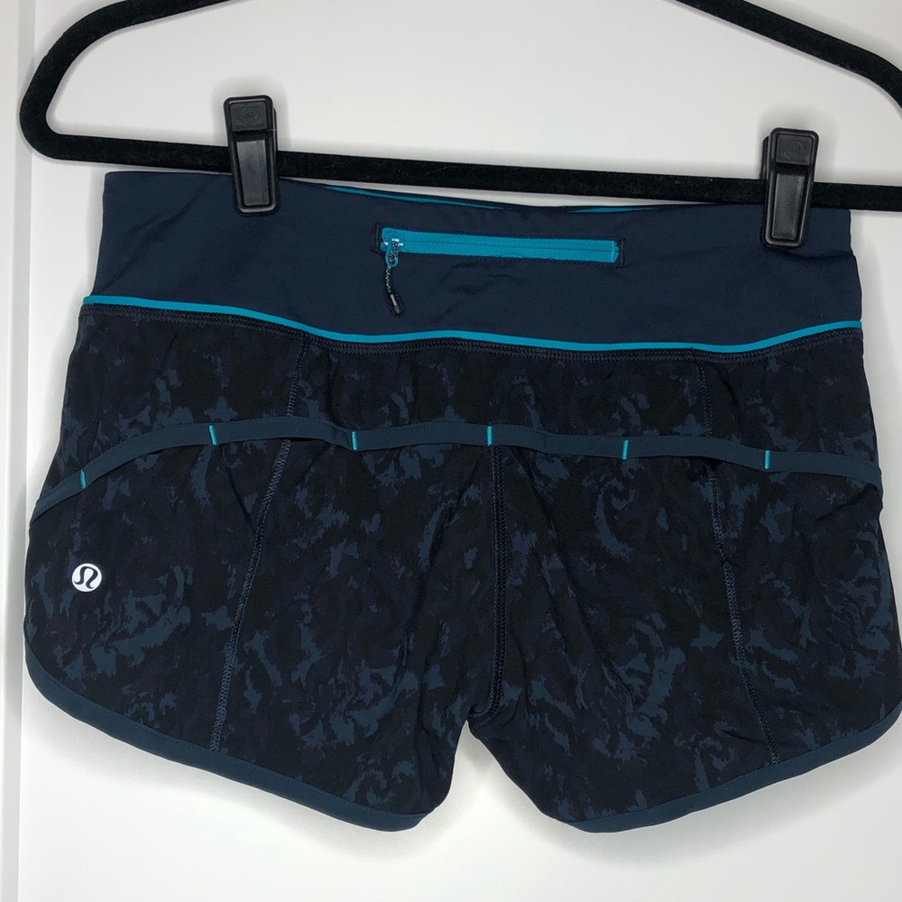 Lululemon shorts, navy and teal detail
